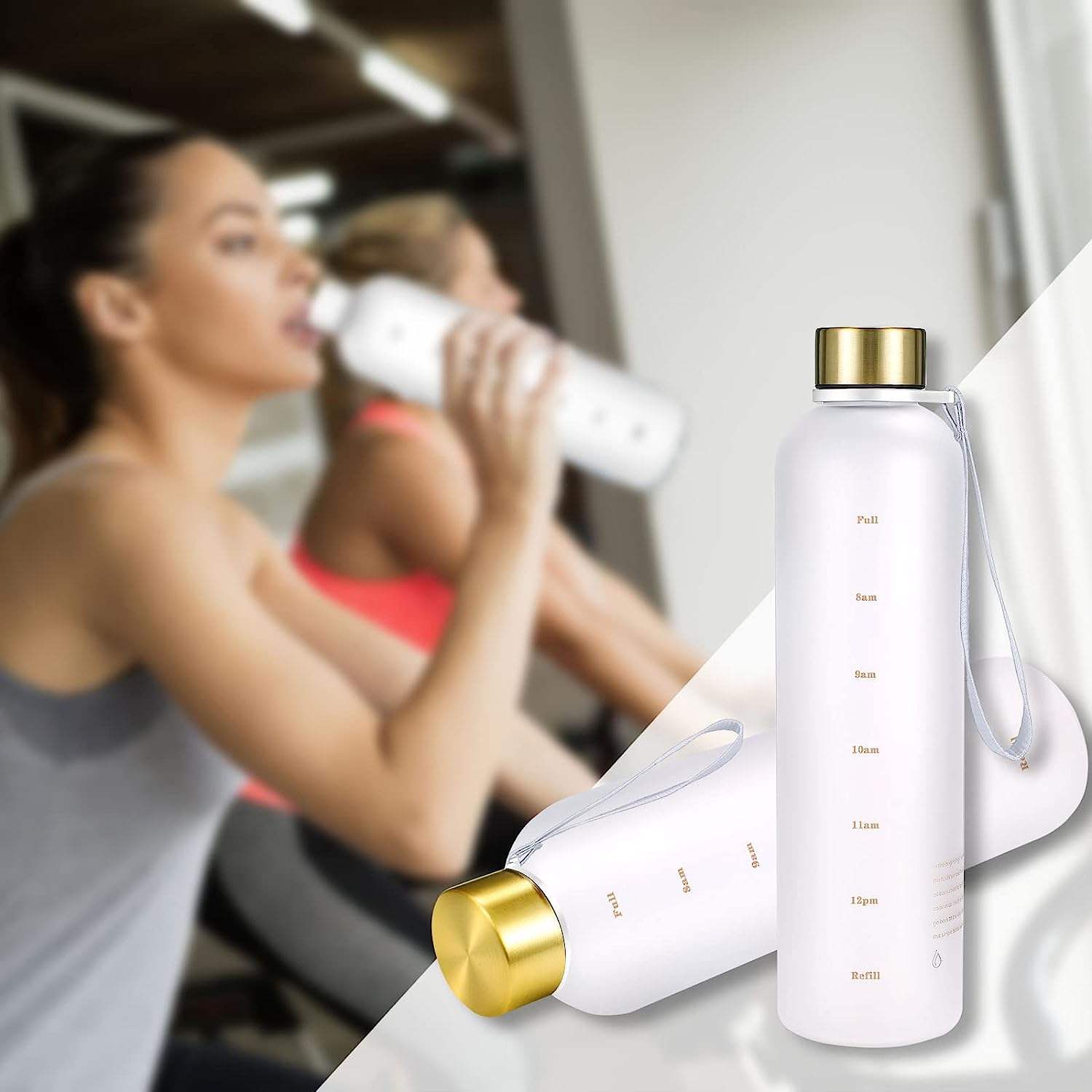 32oz BPA FREE LEAKPROOF DRINKING WATER BOTTLE WITH TIME MARKER and RPOE for OUTDOOR and SPORT