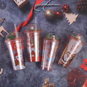 Wholesale Hot Selling Creative Glitter Paper Insert Christmas Gift Double Wall Reusable Plastic Tumblers With Straw