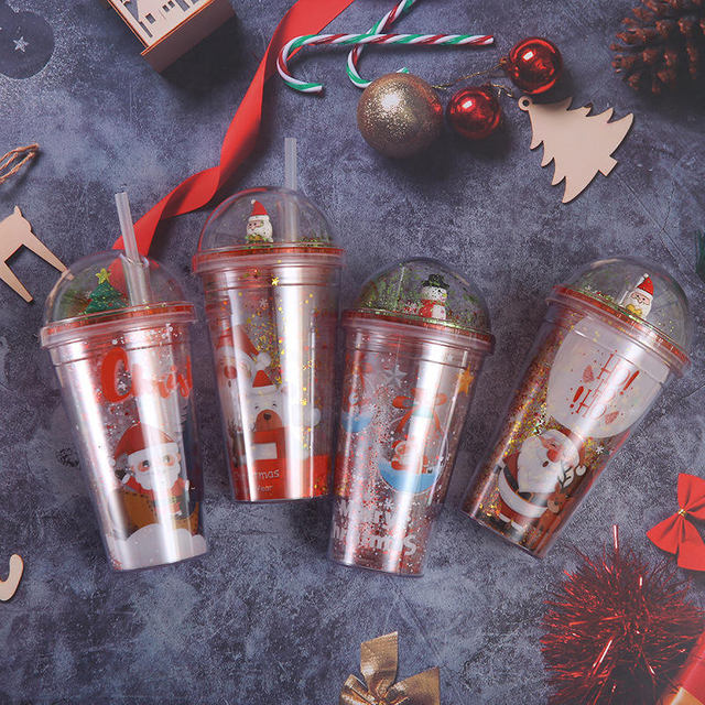 Wholesale Hot Selling Creative Glitter Paper Insert Christmas Gift Double Wall Reusable Plastic Tumblers With Straw