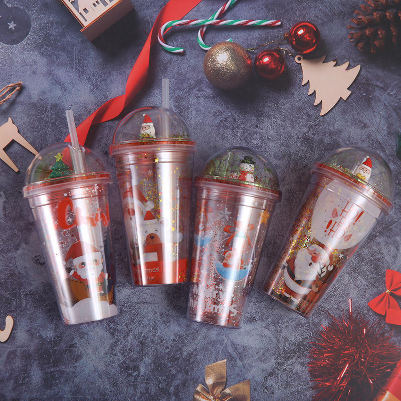 Wholesale Hot Selling Creative Glitter Paper Insert Christmas Gift Double Wall Reusable Plastic Tumblers With Straw