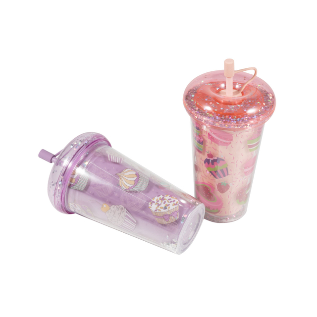 Leak Proof Straw Cups with Double Wall and Sequin Glitters Lid Plastic Water Bottle for Kids and Girl