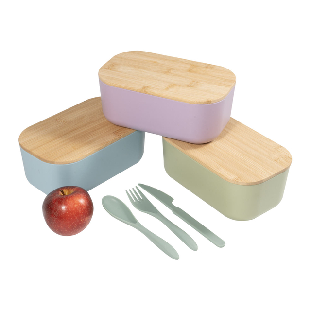40oz Portable Office PP Bento Box Bamboo Lid Fiber Plastic Lunch Box with Dinnerware for School
