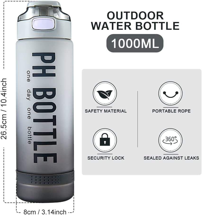 BPA Free 32 Oz Plastic Sports Bottle Leak Proof 1 Liter Motivational Water Bottle with Time Marker