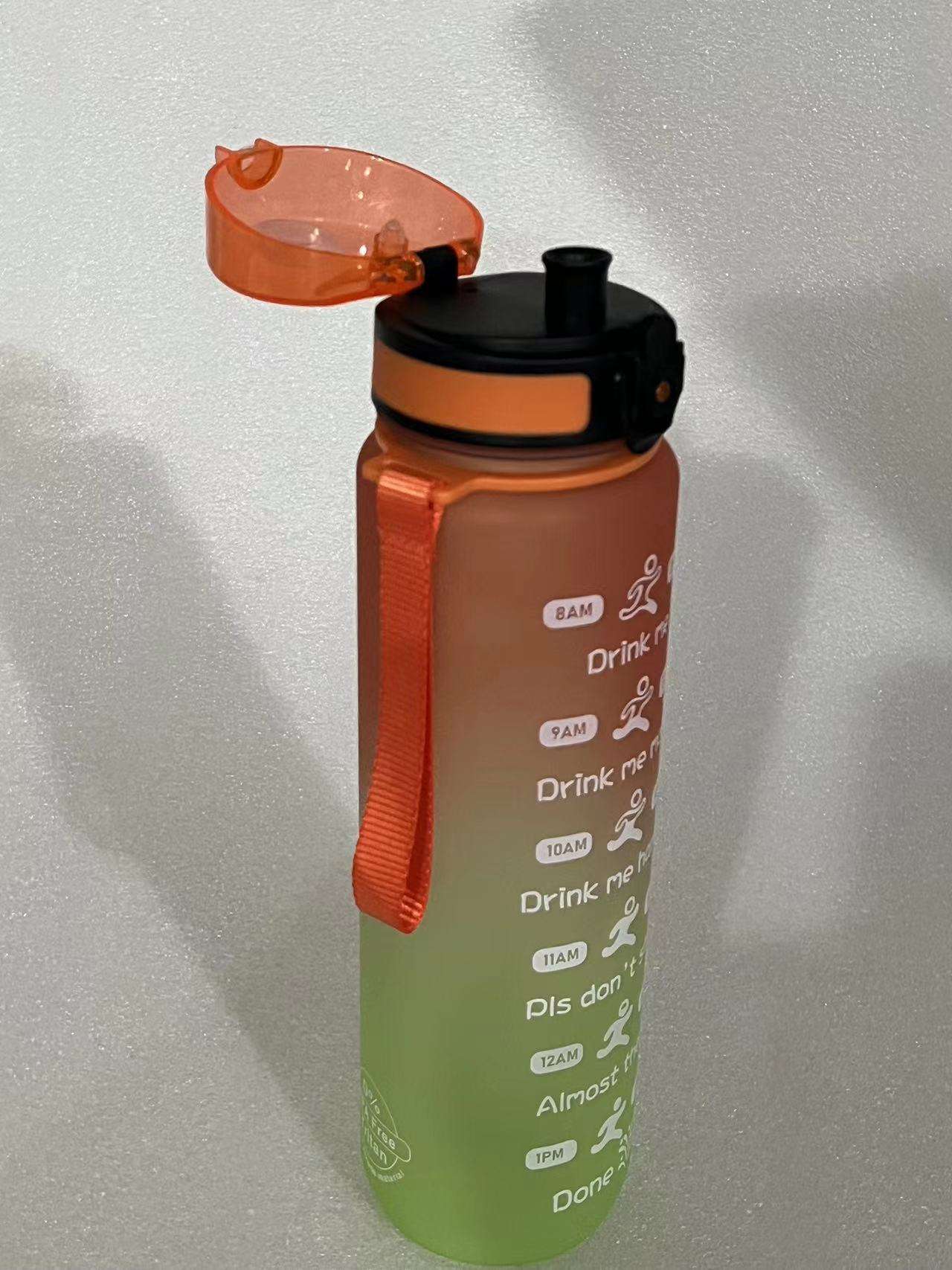 1L 32 Oz Custom Plastic Straw Strainer Filter Gym Sports BPA Free Tritan Motivational Water Bottle With Time Marker