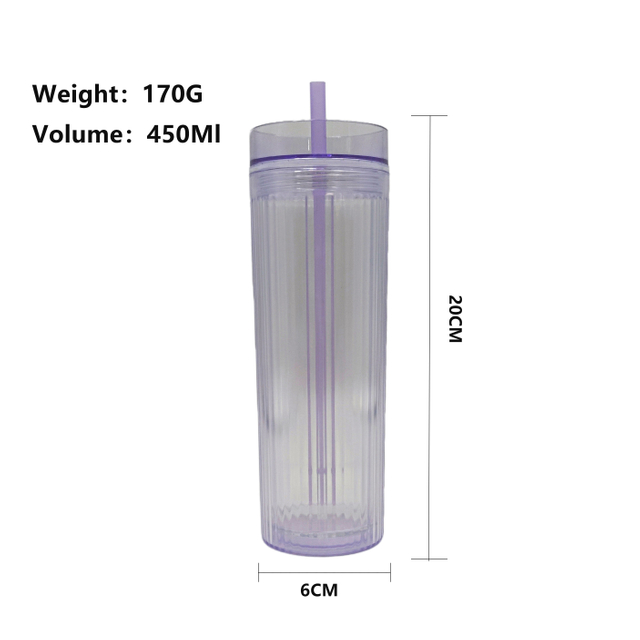 Simple Style 450ML Double Layered Transparent Straw Drink Cup with Patterns BPA Free Made of PS Material