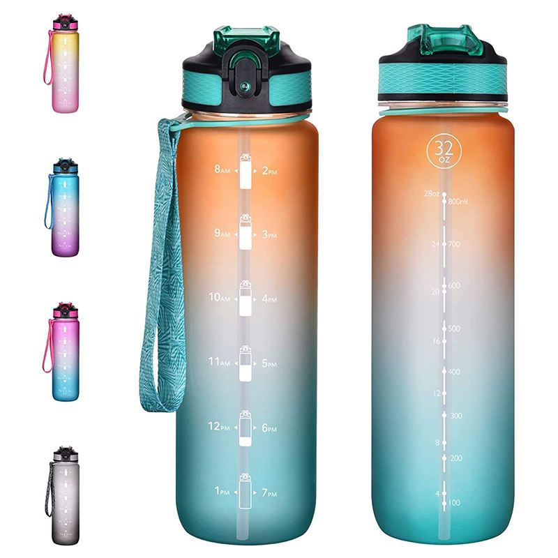 32Oz 32 Oz Portable Outdoor Motivational Plastic Gym Sports Water Bottle 1Liter 1L With Handle Lid Straw
