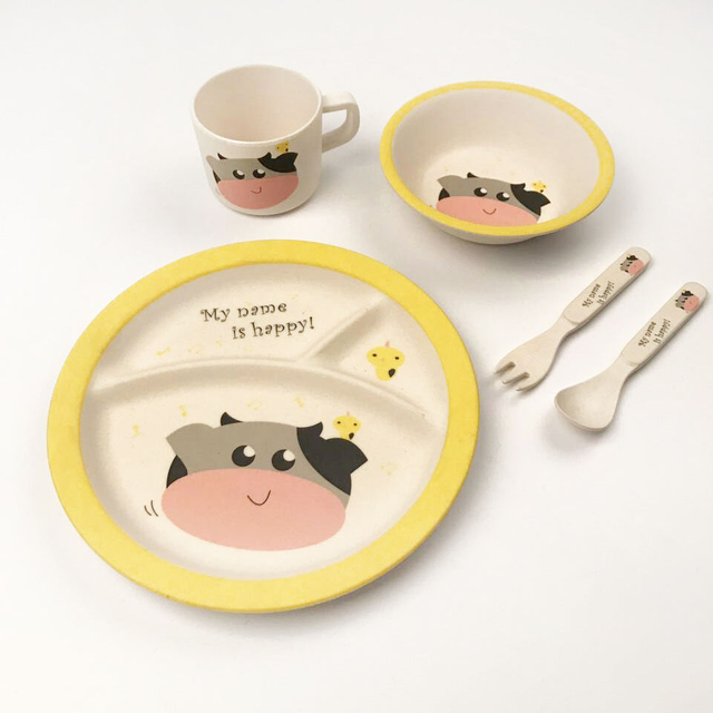 Eco-friendly Biodegradable 5pcs Bamboo Fiber Kids Dinner Set Tableware Baby Dinnerware Sets