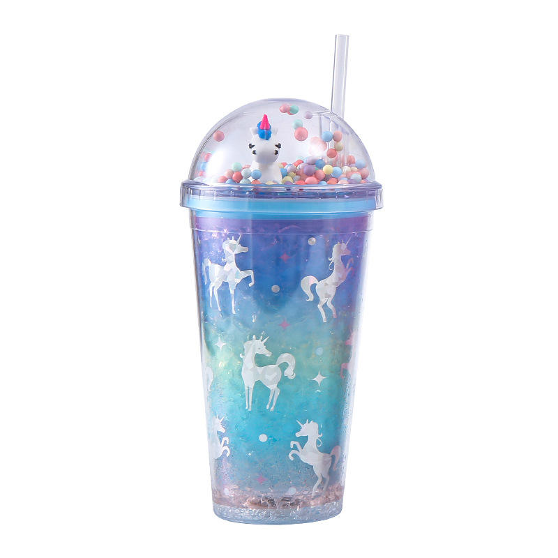 Customized 2024 New Design Summer Portable Ice Tumbler Double Wall Insulated Plastic Shining Water Bottle With Straw