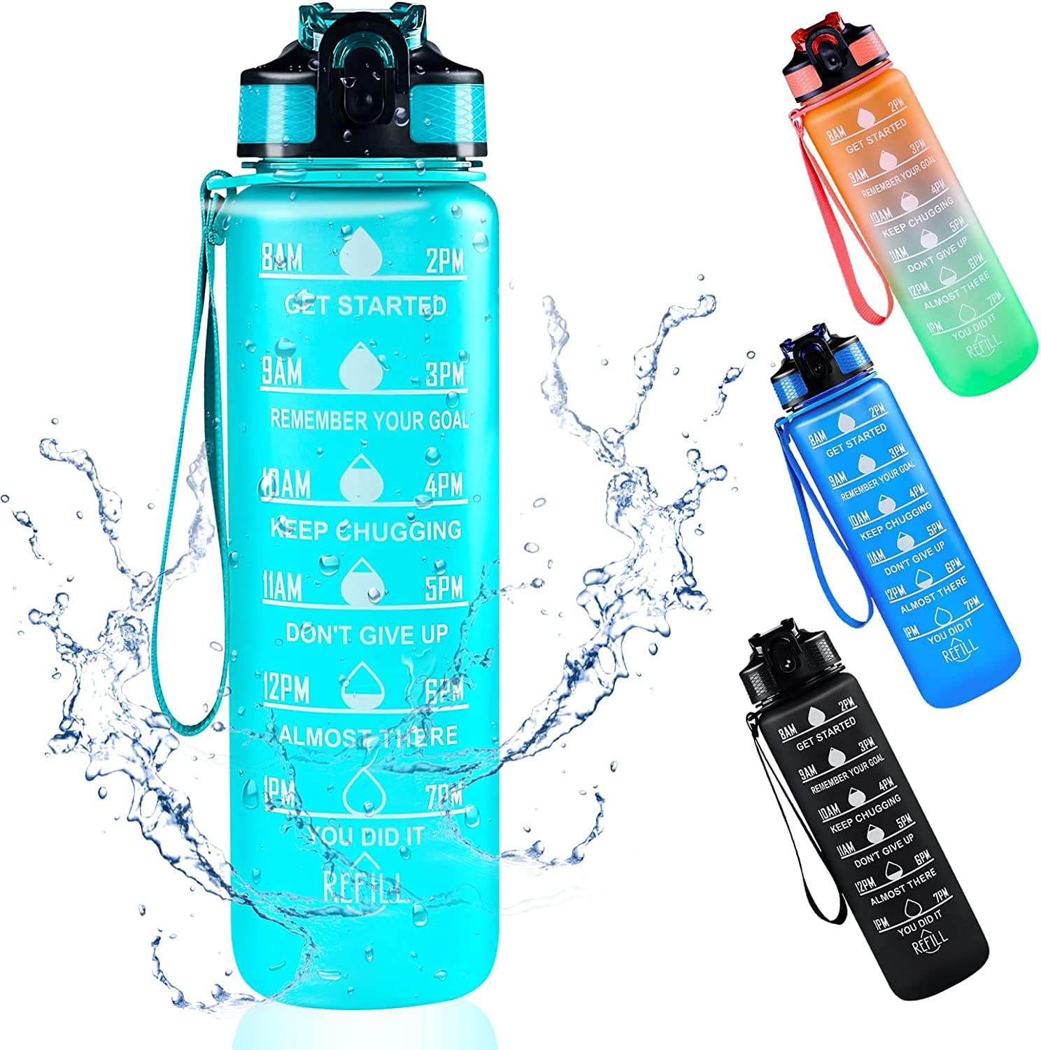 32 oz Motivational Reusable BPA Free Frosted Plastic Water Bottle With Time Marker