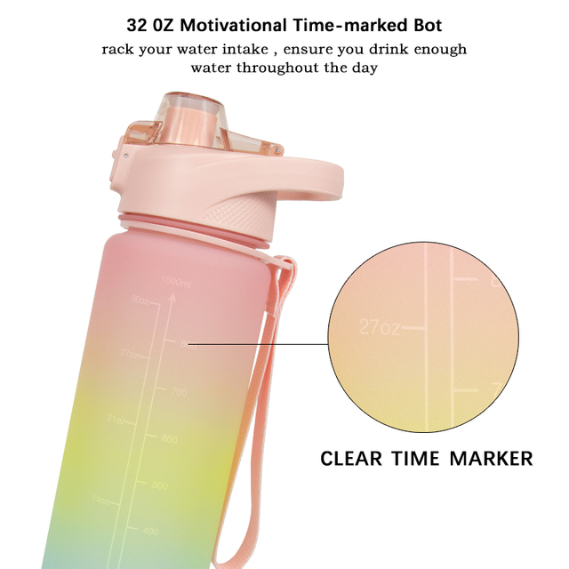 32oz Motivation Water Bottle with Time Marker BPA Free & Frosted Tritan Plastic Water Bottle with Fruit Strainer