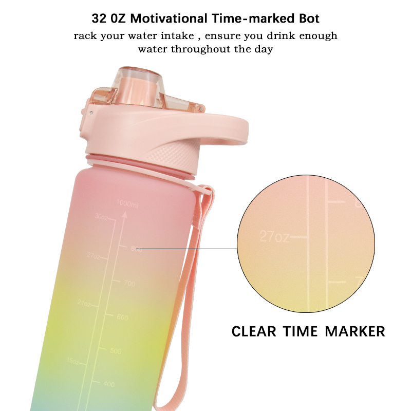 32oz Motivation Water Bottle with Time Marker BPA Free & Frosted Tritan Plastic Water Bottle with Fruit Strainer