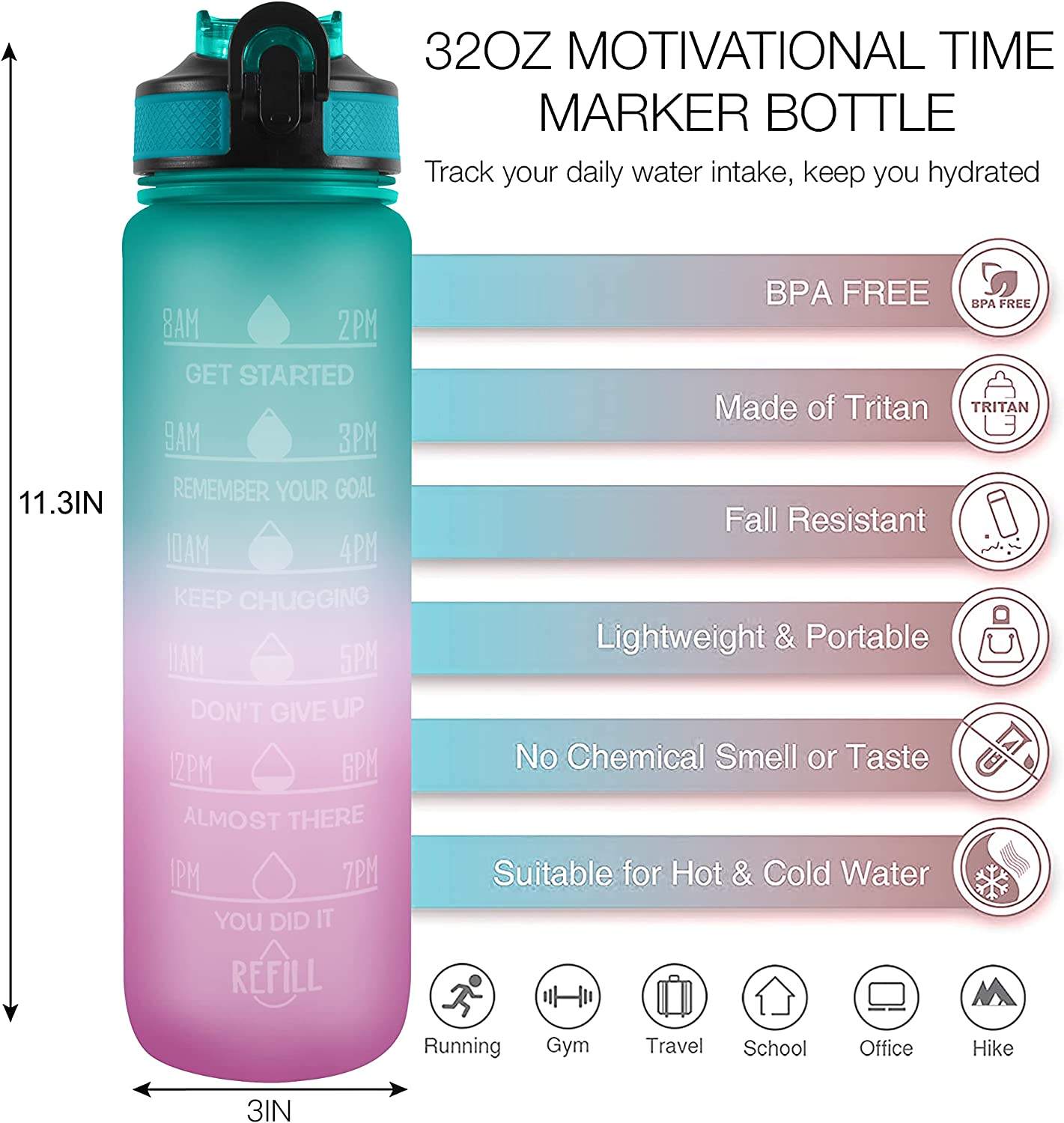 1L 32 OzCustom Plastic Straw Strainer Filter Gym Sports BPA Free Tritan Motivational Water Bottle With Time Marker