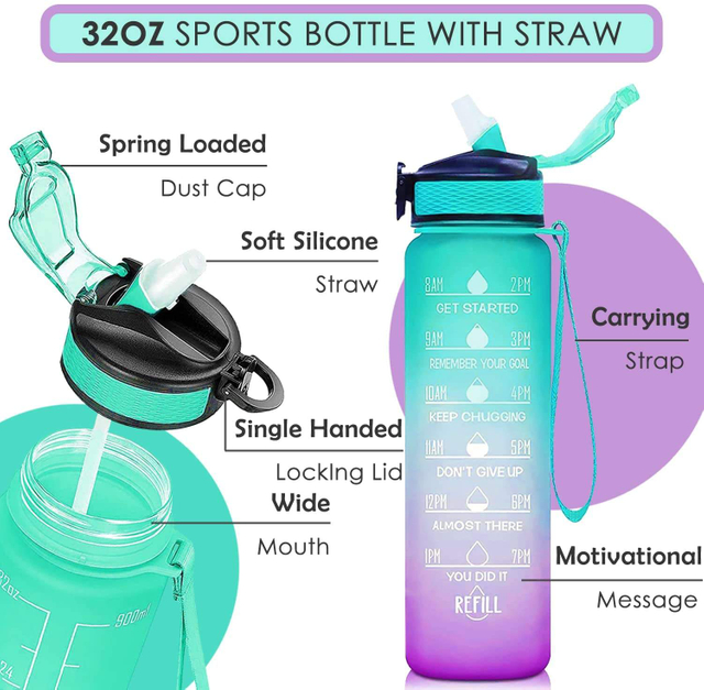 1L 32 OzCustom Plastic Straw Strainer Filter Gym Sports BPA Free Tritan Motivational Water Bottle With Time Marker