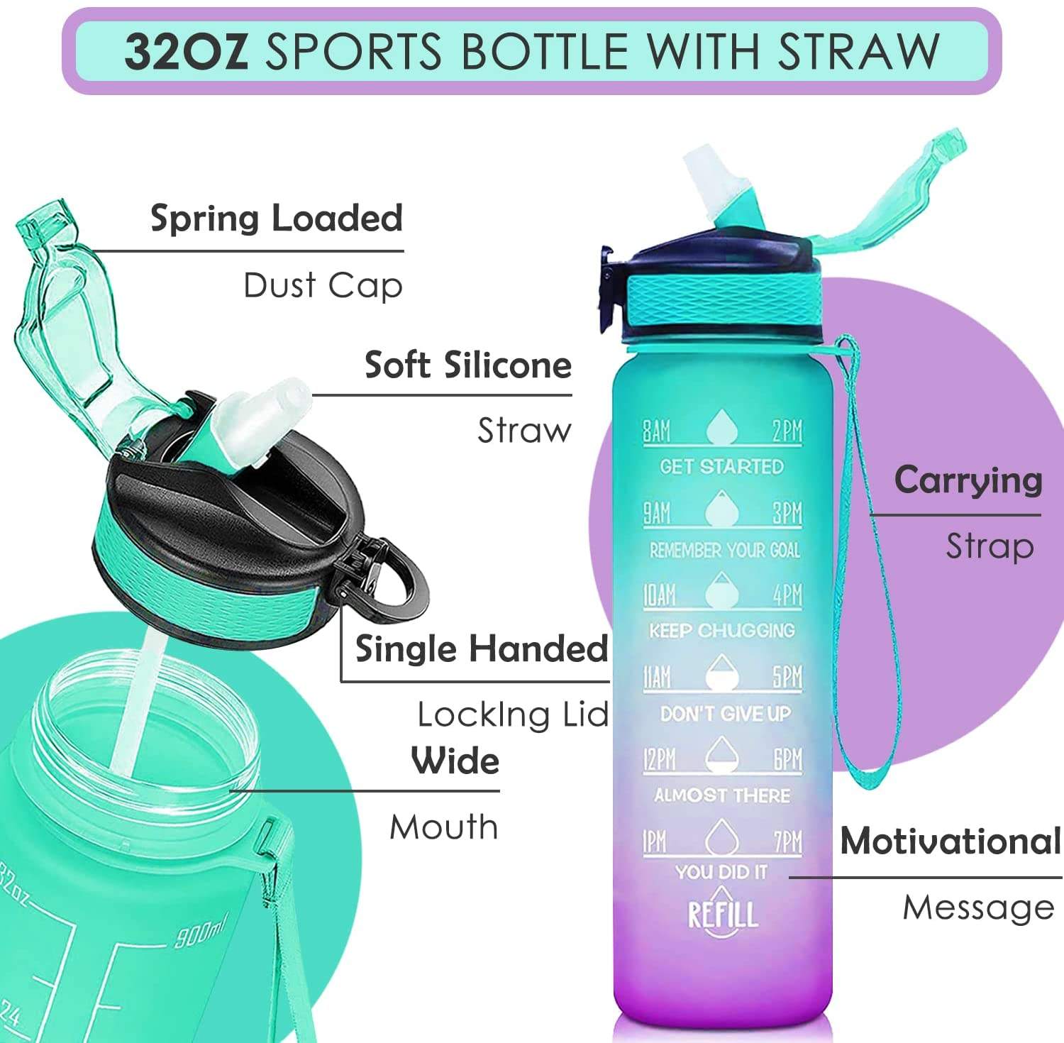 1L 32 OzCustom Plastic Straw Strainer Filter Gym Sports BPA Free Tritan Motivational Water Bottle With Time Marker