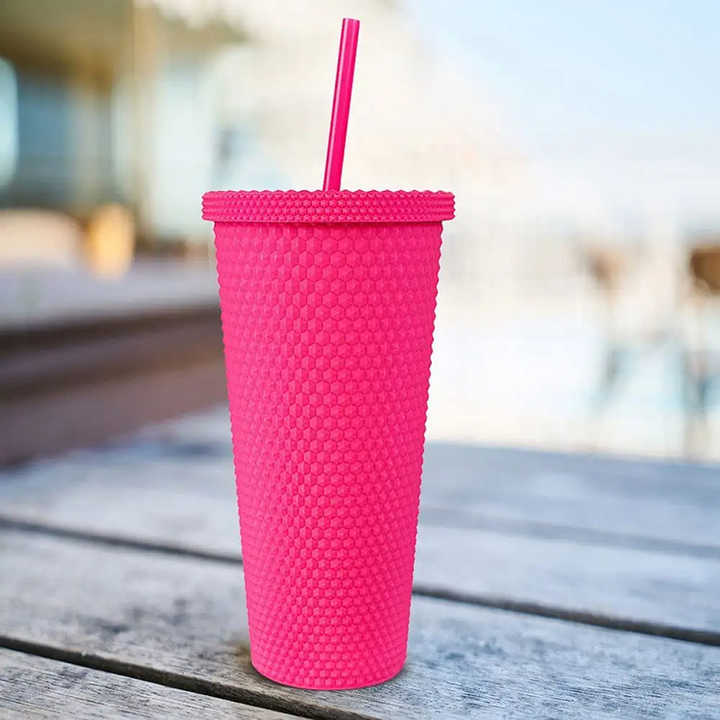 Cawan Plastik Tasse Avec Paille Double Wall Coffee Cup With Lid and Straw Customized Tumblers