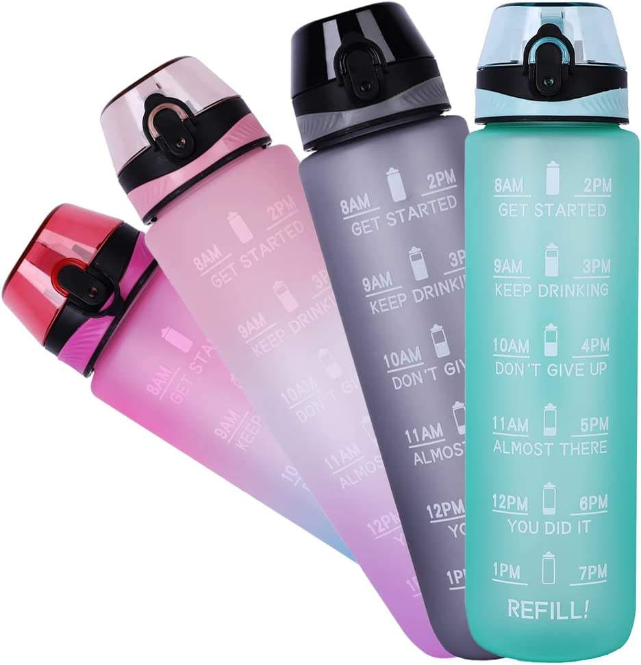 Outdoor Sport Plastic Tritan Cool Water Bottle BPA Free 32 oz Motivational Drinking Water Bottle With Time Marker and Straw