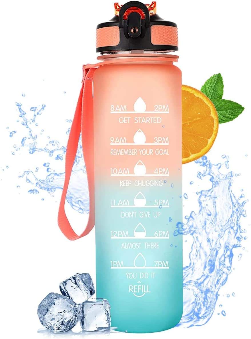 Hot Sale 1L 32 OzCustom Plastic Straw Strainer Filter Gym Sports BPA Free Tritan Motivational Water Bottle