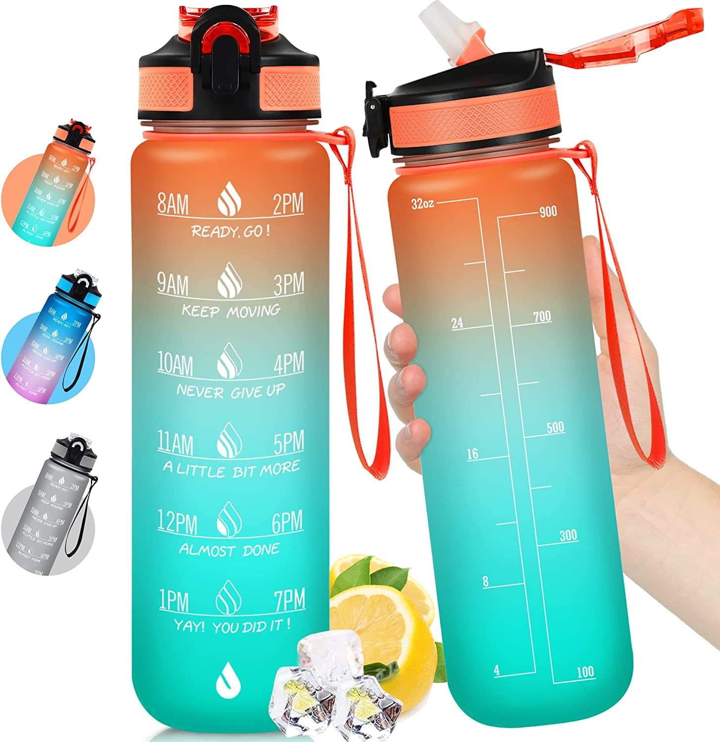 Hot Sale 1L 32 OzCustom Plastic Straw Strainer Filter Gym Sports BPA Free Tritan Motivational Water Bottle