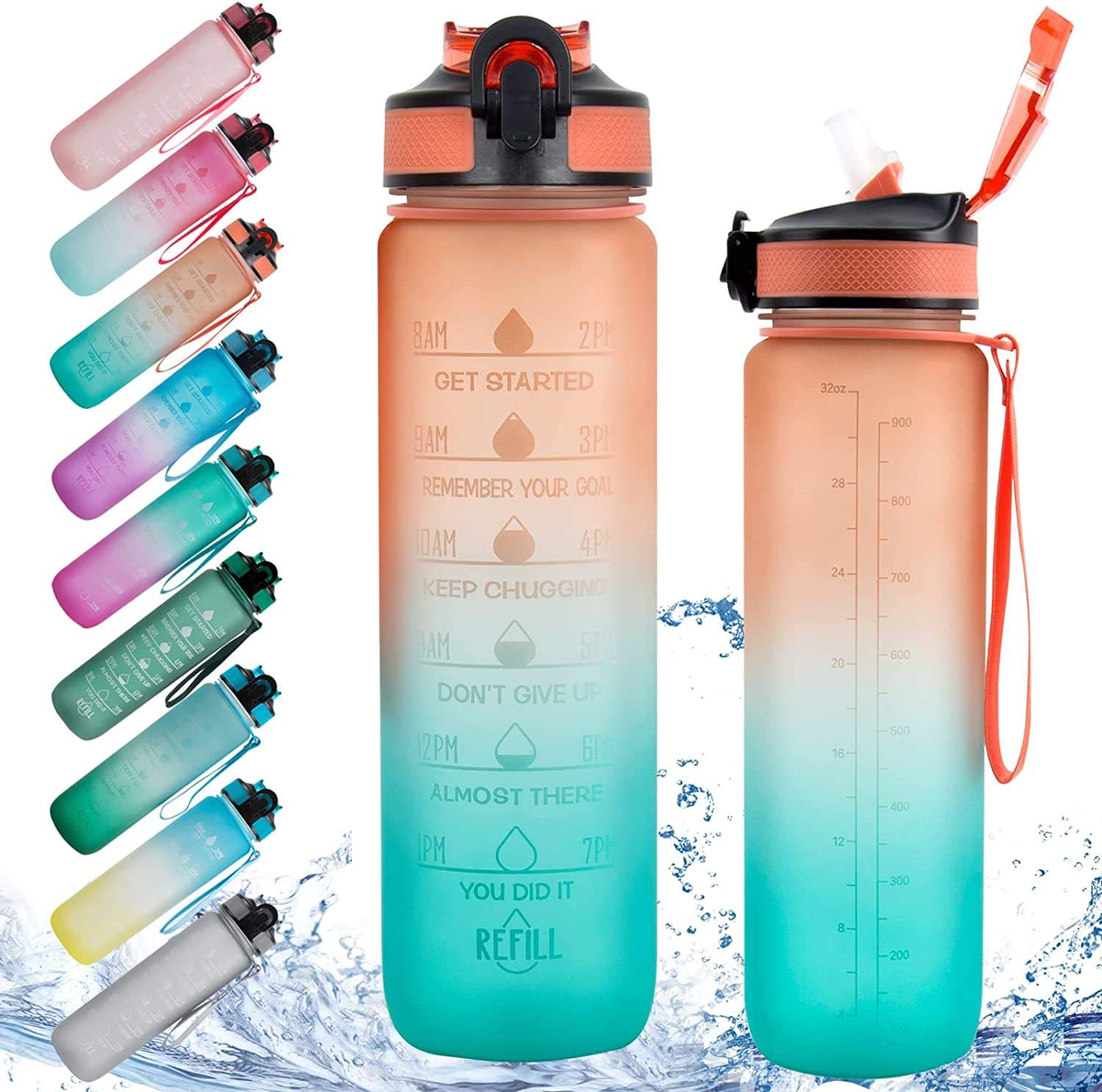 32oz Motivational Gradient BPA FREE GYM Fitness Sports Leakproof Wide Mouth Tritan Plastic Water Bottle With Time Marker