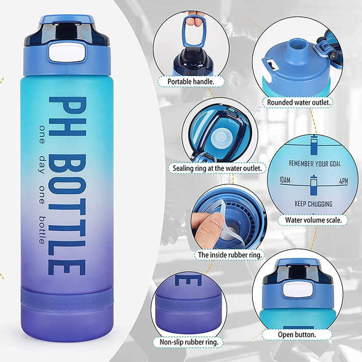 32oz Plastic Sport Gym Motivational Bottle Custom Logo Flip Top Cover Drink Water Bottle With Time Marker Straw Strainer