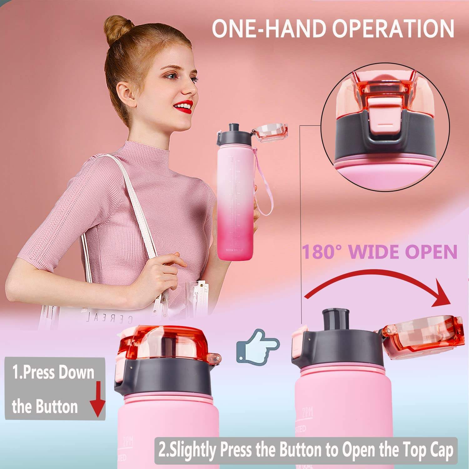 Gradient Leak Proof &Large 1 Liter 32 oz BPA Free Water Bottle with Time Marker Fruit Infuser Strainer
