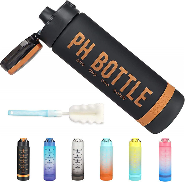 32oz 1L Fitness Gym Sport Plastic Water Bottle With Time Marker With Straw