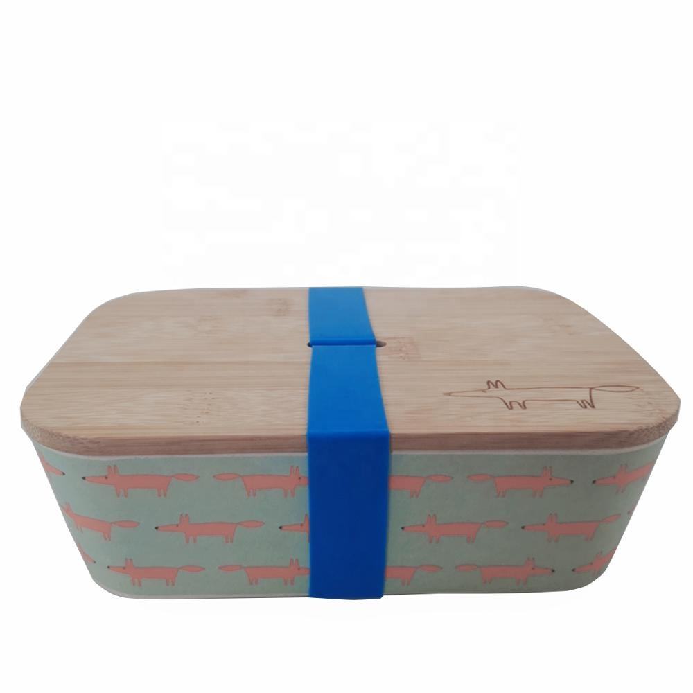 Eco-friendly Reusable Bamboo Fiber Bento Lunch Box with Silicone Band and Wooden Bamboo Lid