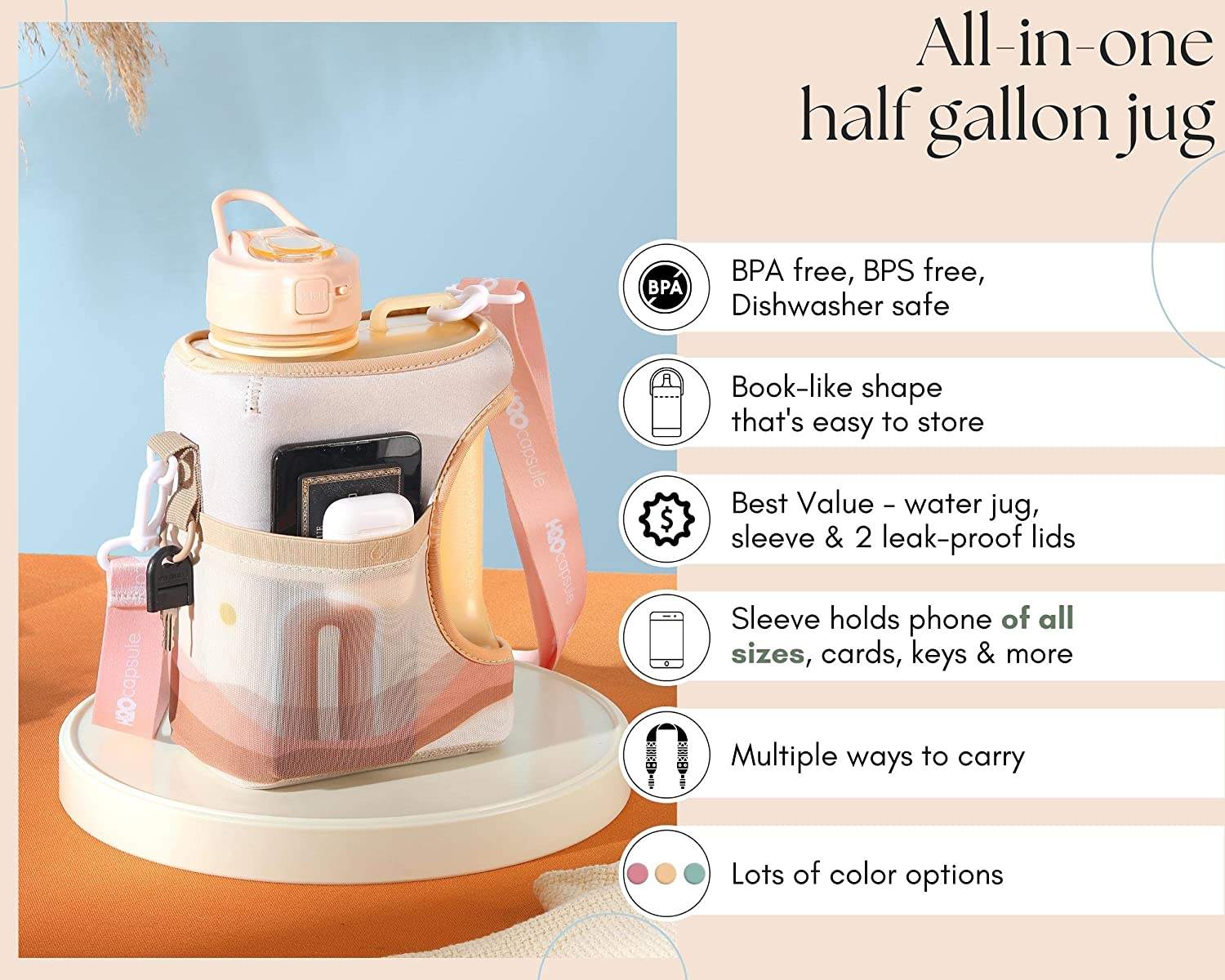 2.2L Half Gallon Water Bottle With Storage Sleeve Bpa Free Water Bottle