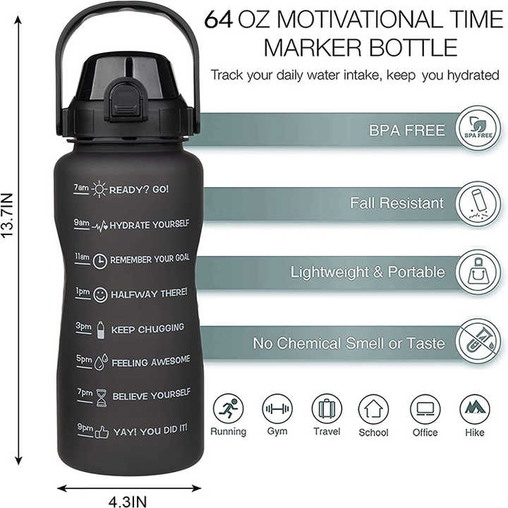 Botella Agua Tritan Garrafa De Agua 2L Gallon Portable Large Capacity Motivational Bottle Black Water Bottles