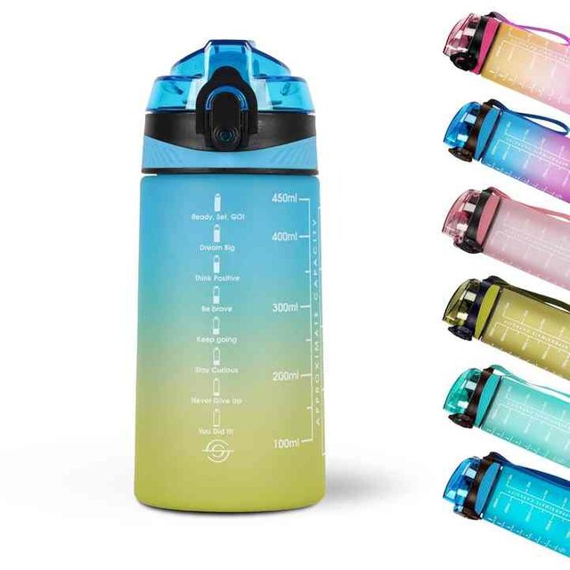 450Ml Wide Mouth Gradient Color Bpa Free Leak-Proof Motivational Plastic Gym Fitness Sports Water Bottle With Straw