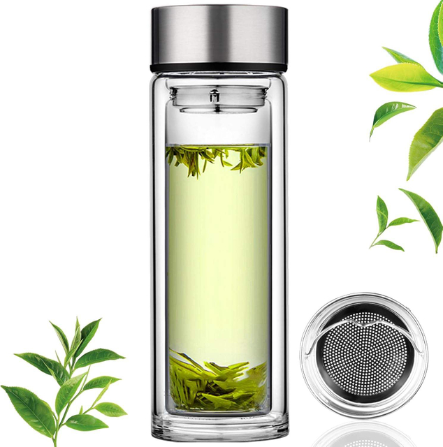 Glass Tea Infuser Bottle Double Wall Borosilicate Portable Tea Bags 12OZ/350ml