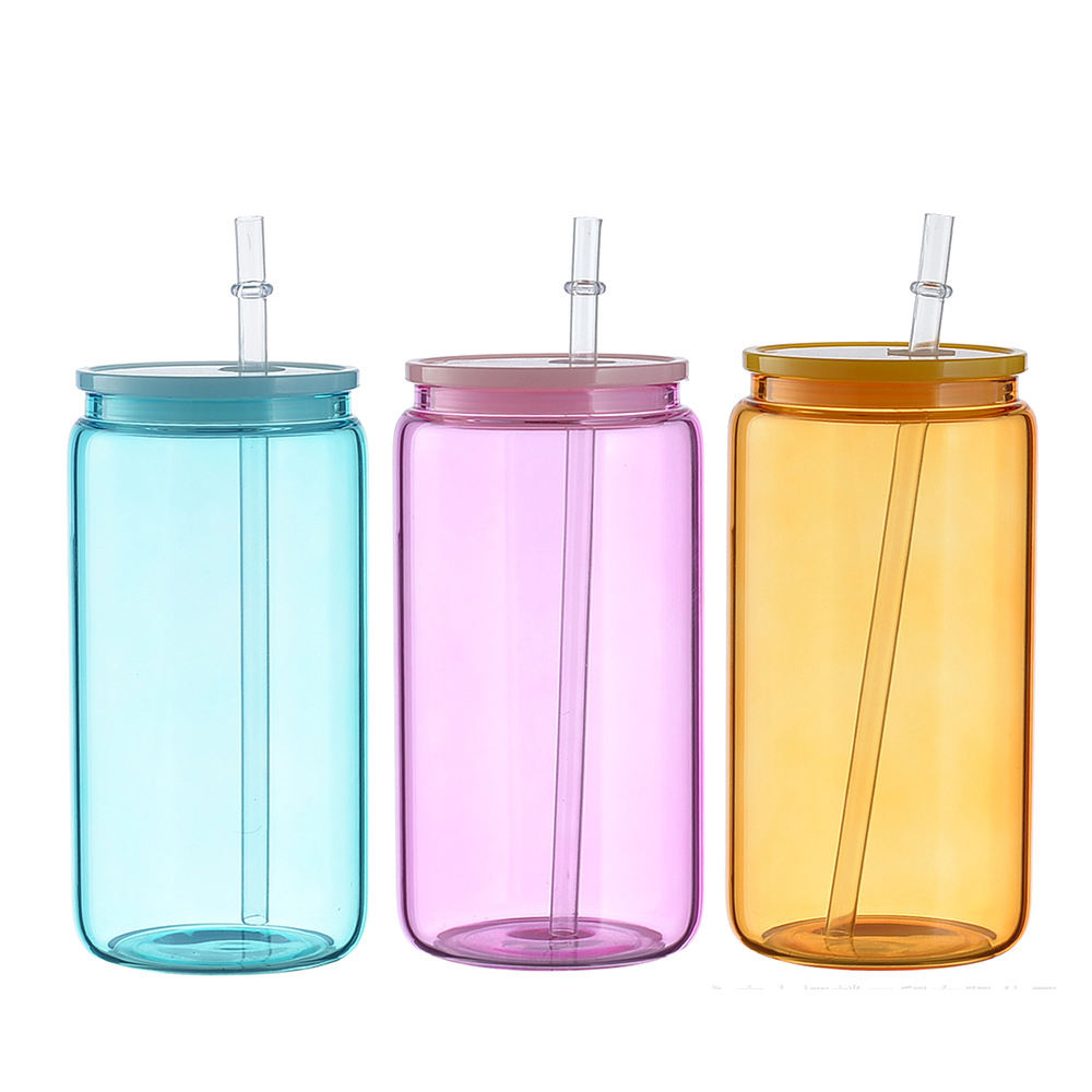 500 Ml 16Oz Wholesale Kids Clear Colorful Transparent Reusable Glass Water Drink Bottles With Straw Lid