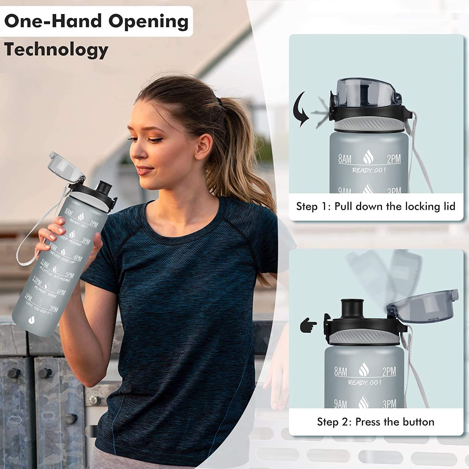 Eco-friendly Plastic 32 OZ Large Motivational Time Marker Water Bottle With Straw Lid for Fitness Gym and Outdoor Sports