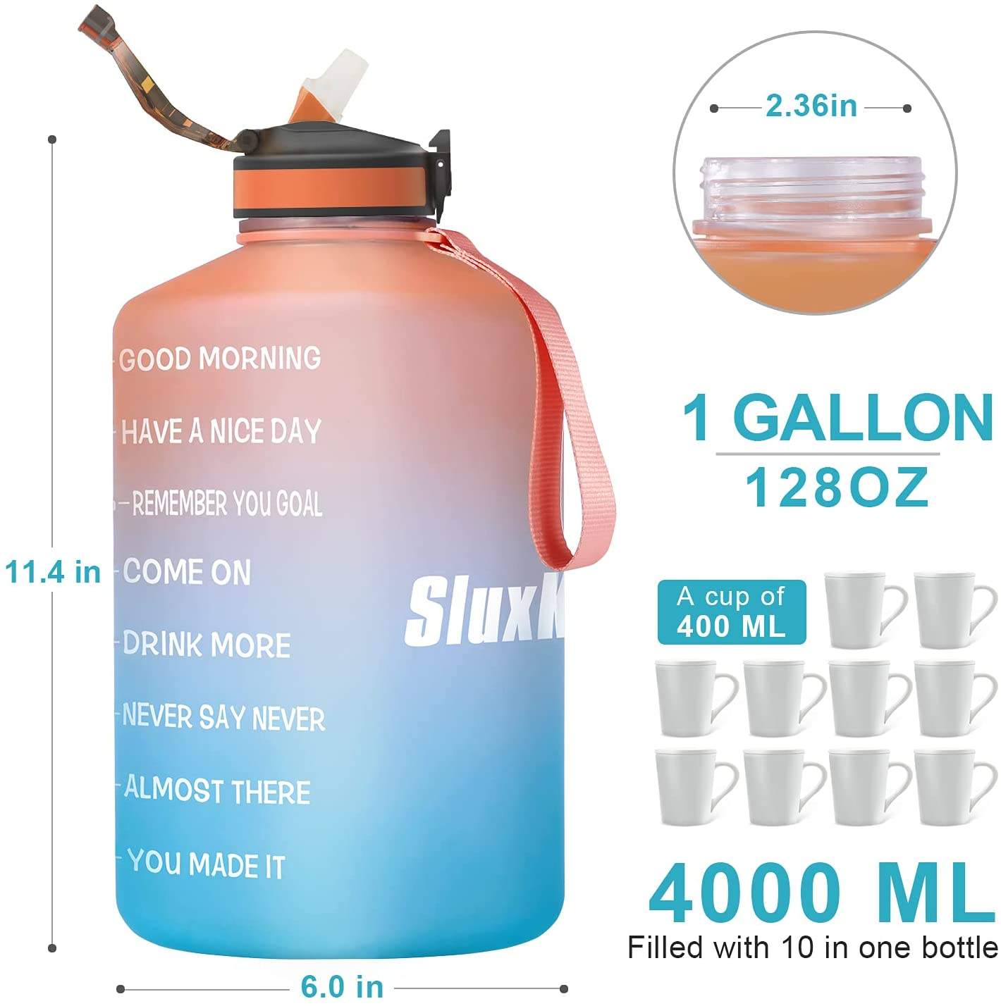 128 oz Water Bottles Gym Jug BPA Free Custom Logo Plastic Motivational One Gallon/1 Gallon Water Bottles with Handle