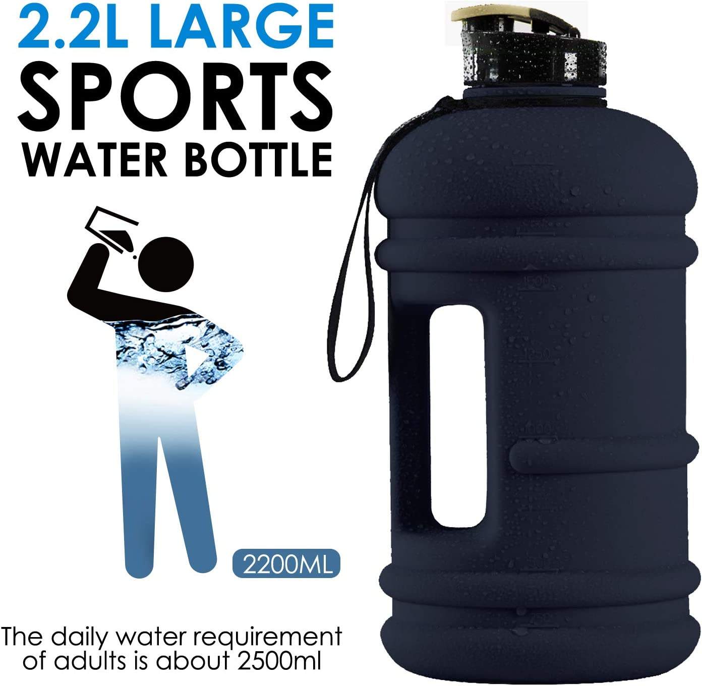 2.2L Half Gallon Water Jug Gym Sports Bottle Large Plastic Reusable Bottle with Handle Strap Leakproof Fitness Outdoor Bottle