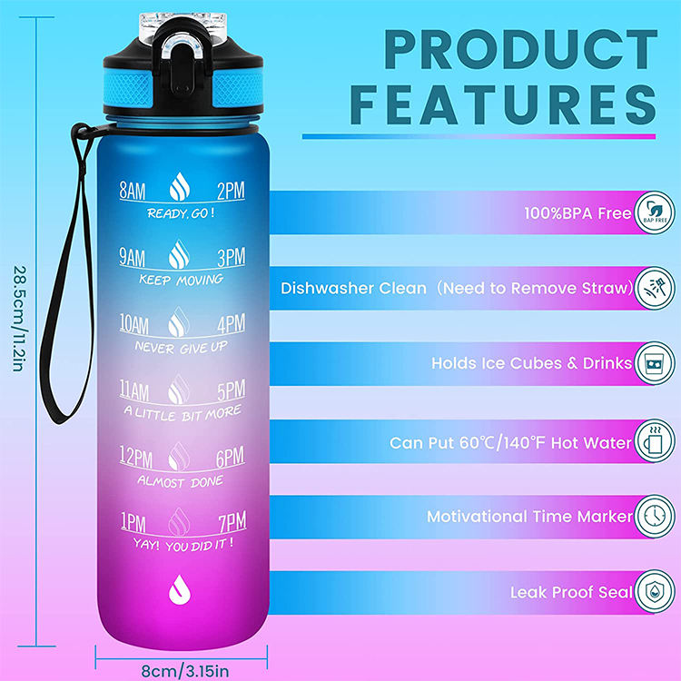 1000ml Plastic Frosted Tritan Bpa Free 1L Sport Kid Gym 32oz Motivational Water Bottle with Custom logo