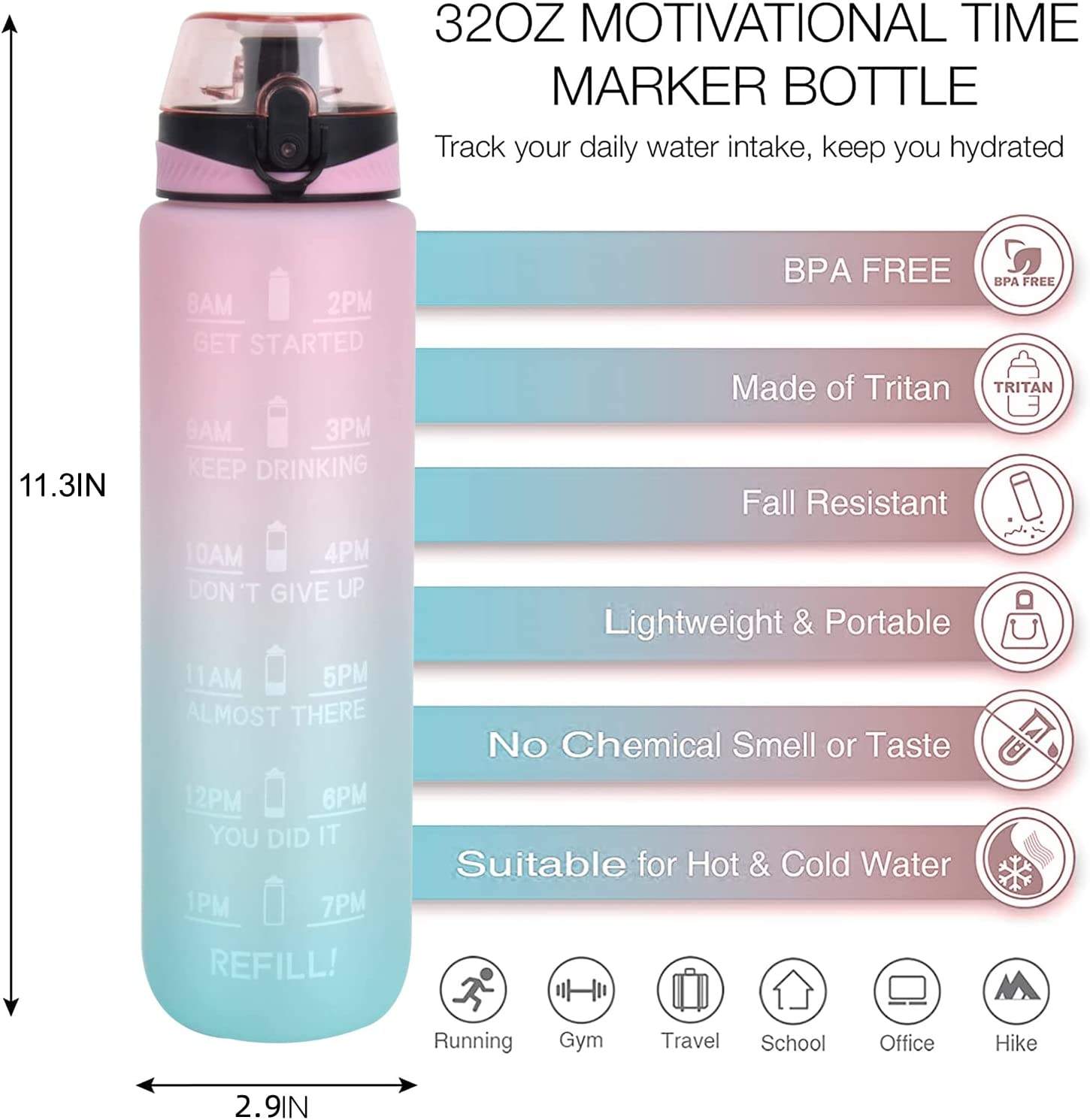 Custom Logo BPA Free PC Tritan Plastic 32oz 1L Motivational Leak Proof Gym Fitness Sports Water Bottle with Times to Drink