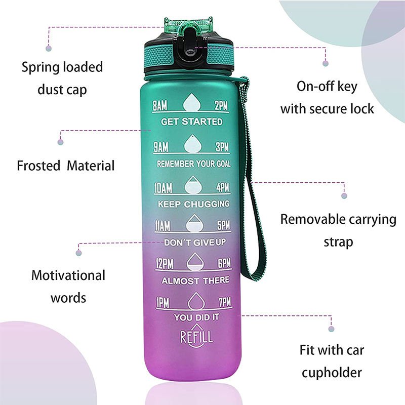 Taizhou Custom Logo 32oz 1L Portable Workout Gym Sports Waterbottle Motivational Drink Watee Water Bottle with Straw Time Marker