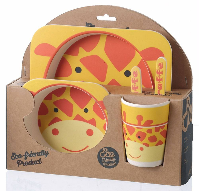 Hot Selling Custom Print Biodegradable Baby Feeding Dishes 5pcs Set Bamboo Fiber Plate Set