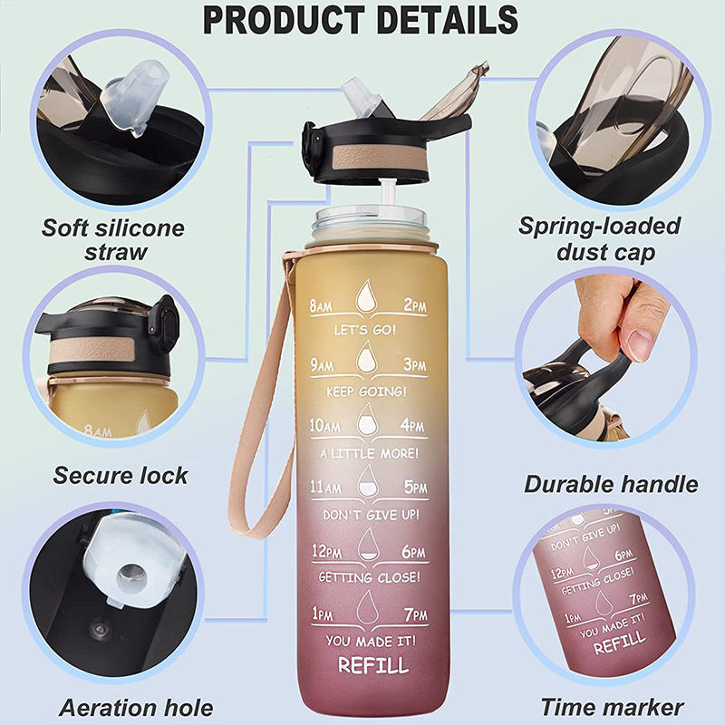 32oz 1L Time Marker Leakproof Bicycle Product Tritan Sport Frosted Plastic Water Bottle BPA Free