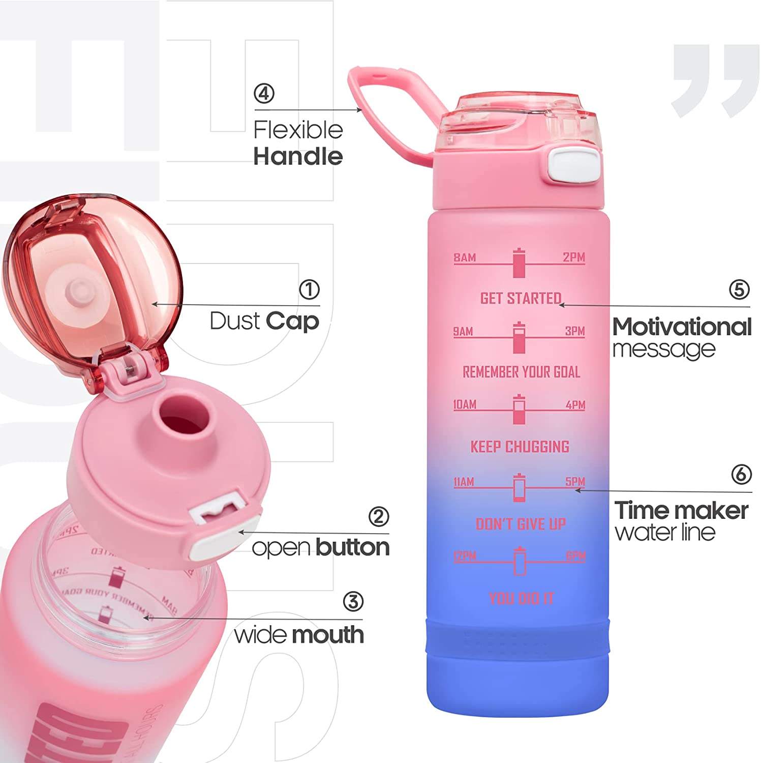 1000ml BPA FREE Plastic Water Bottle With Motivational Words and Rope Gradient Paint Sport Water Bottle