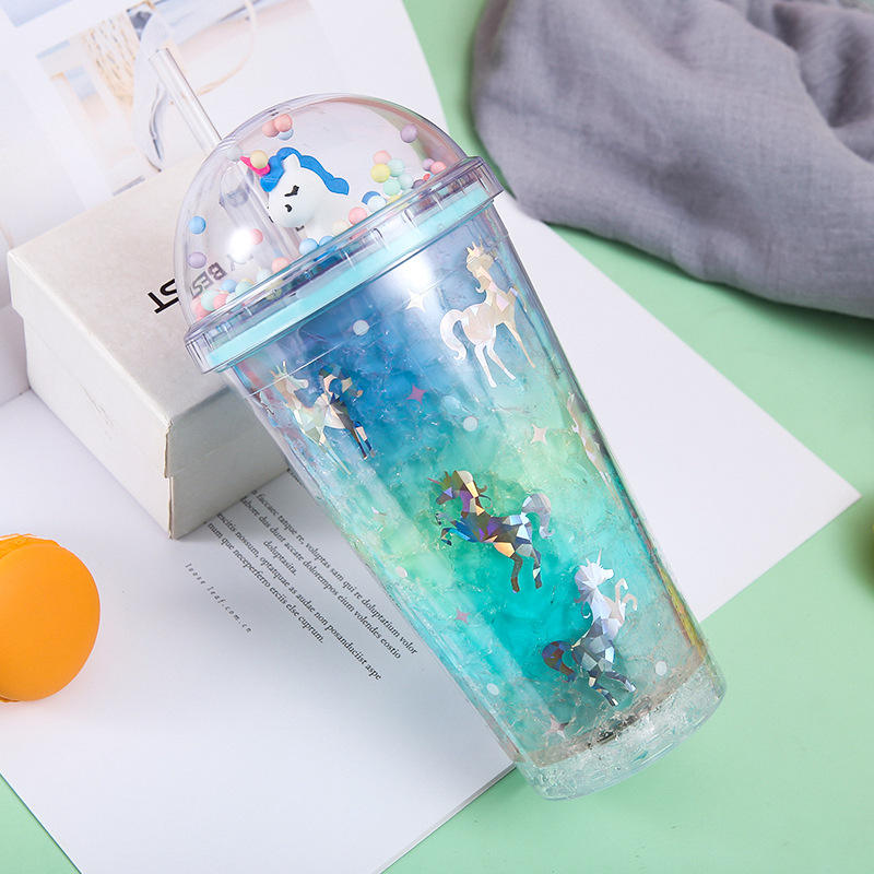 Double Layer Plastic Christmas Cup Creative Colorful Cartoon Patterns With Straw Water Bottle Summer Outdoor Drinking Container