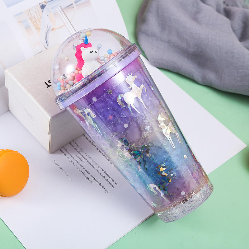 Double Layer Plastic Christmas Cup Creative Colorful Cartoon Patterns With Straw Water Bottle Summer Outdoor Drinking Container