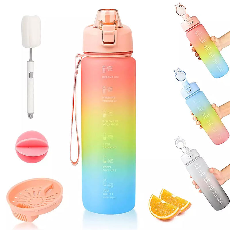 17Oz 32Oz Multi Functional Wide Mouth Leak Proof Plastic Sports Shaker Water Bottle With Time Marker Fruit Strainer