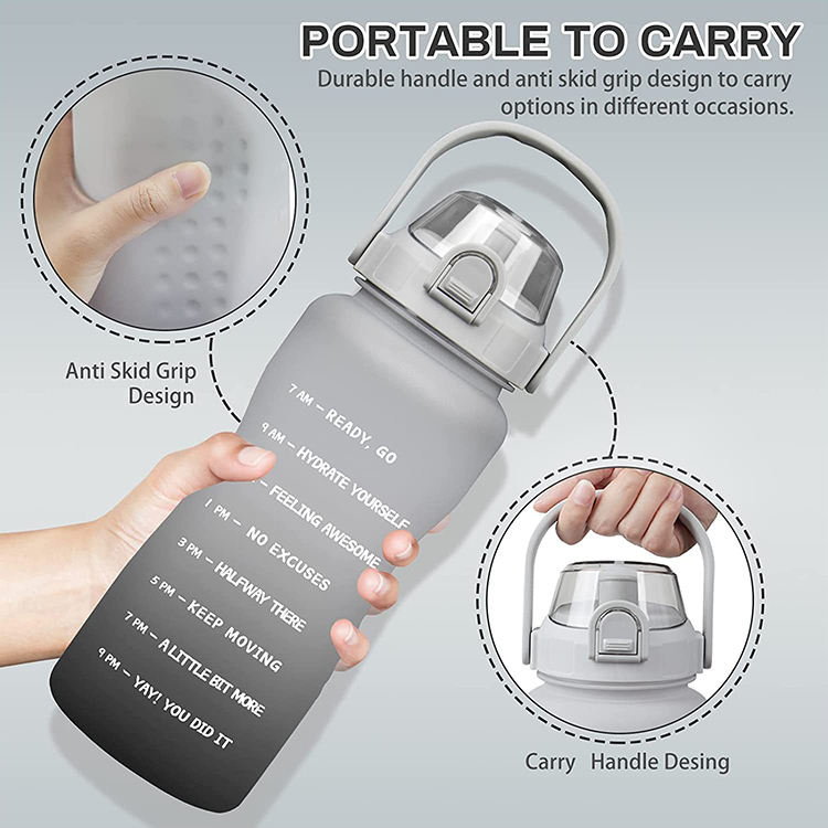 Custom BPA Free 2l Half Gallon Fitness Gym Sports Clear Plastic Motivational Water Bottle with Time Marker and Straw
