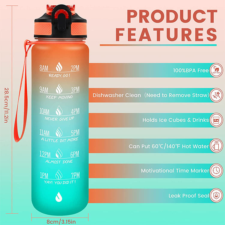1L /32 oz Leakproof Tritran BPA Free GradienPlastic Water Bottle with Motivational Time Marker Water Bottle With Custom Logo