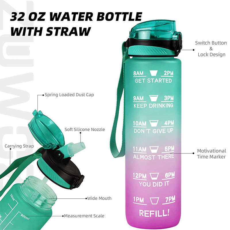 Plastic Water Bottles Leakproof Tritan Bpa Free 1l Fitness Sports Water Jug With Time Marker Motivational Water Bottle