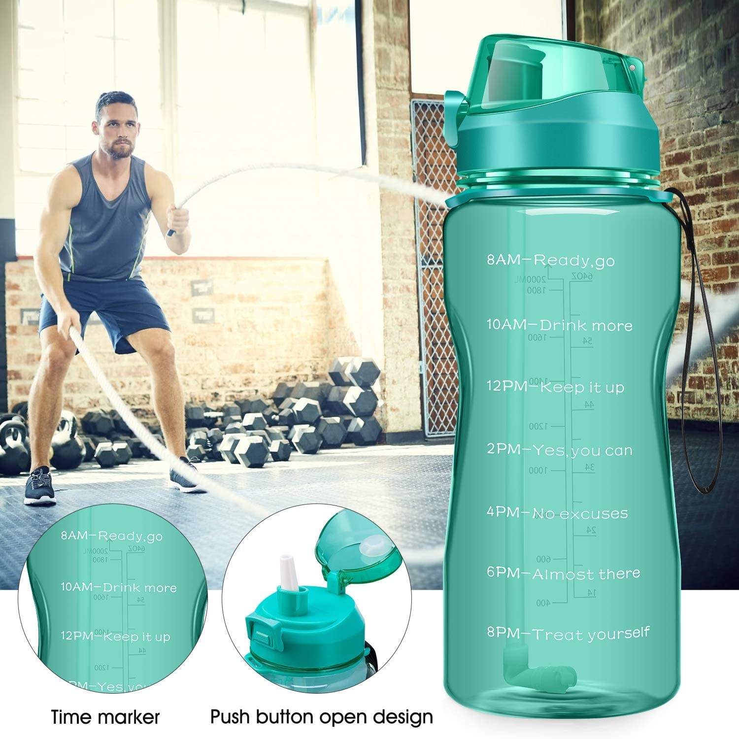 64 oz Large Daily Water Bottle With Time Mark and Straw Suitable for Outdoor Exercise in Gym