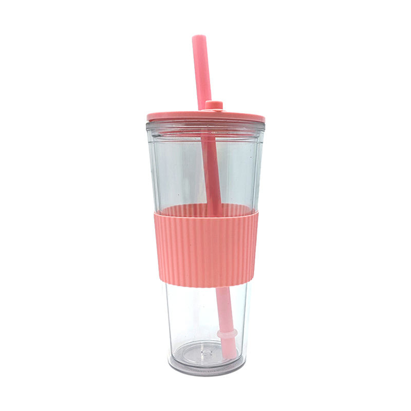 High Quality 710Ml Outdoor Travel Wide Mouth Clear Reusable Drink Tumbler With Rubber Sleeve Straw