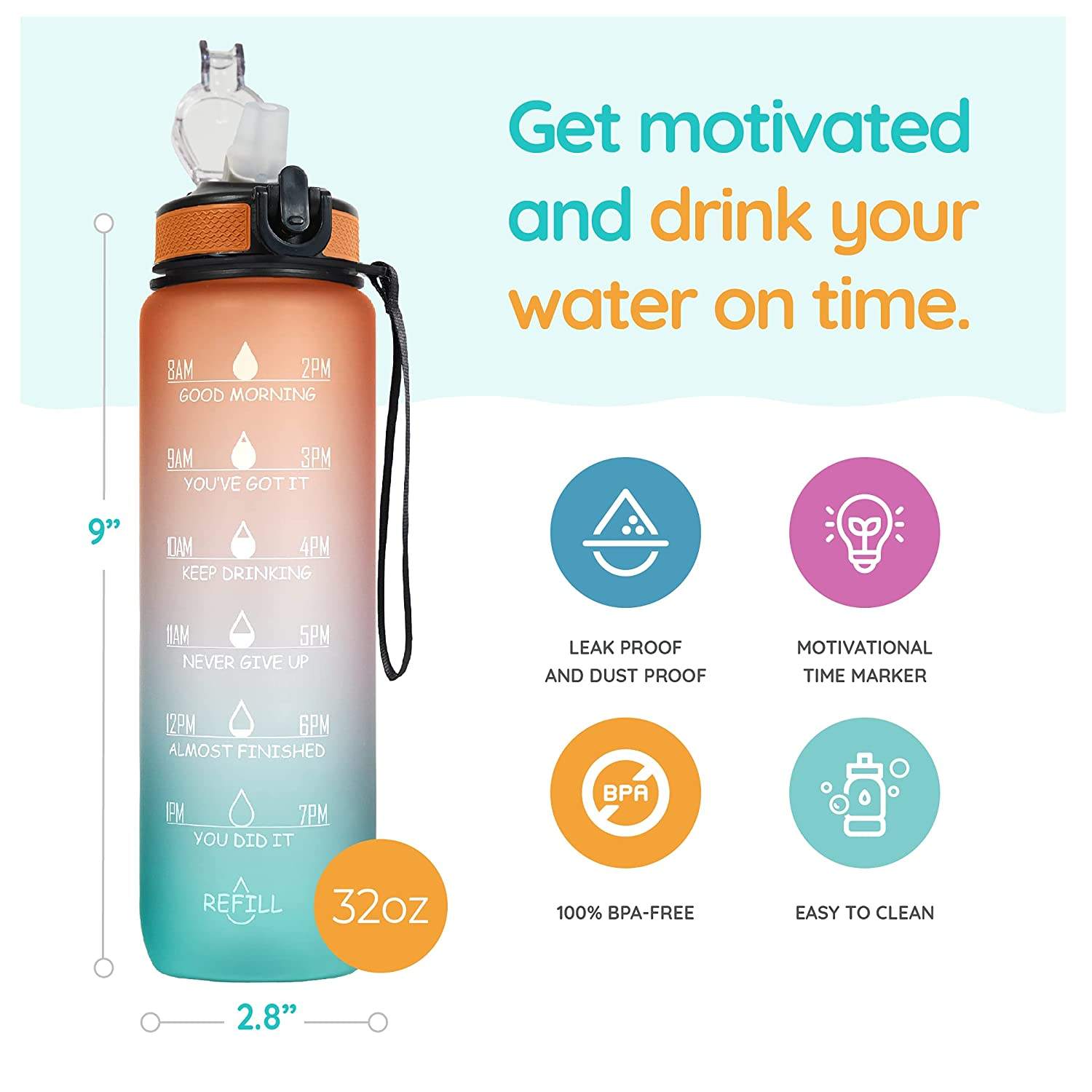 Frosted Tritan Custom Logo Plastic Bottle 1 Liter 32 Oz Motivational Water Bottle With Time Marker Reminder